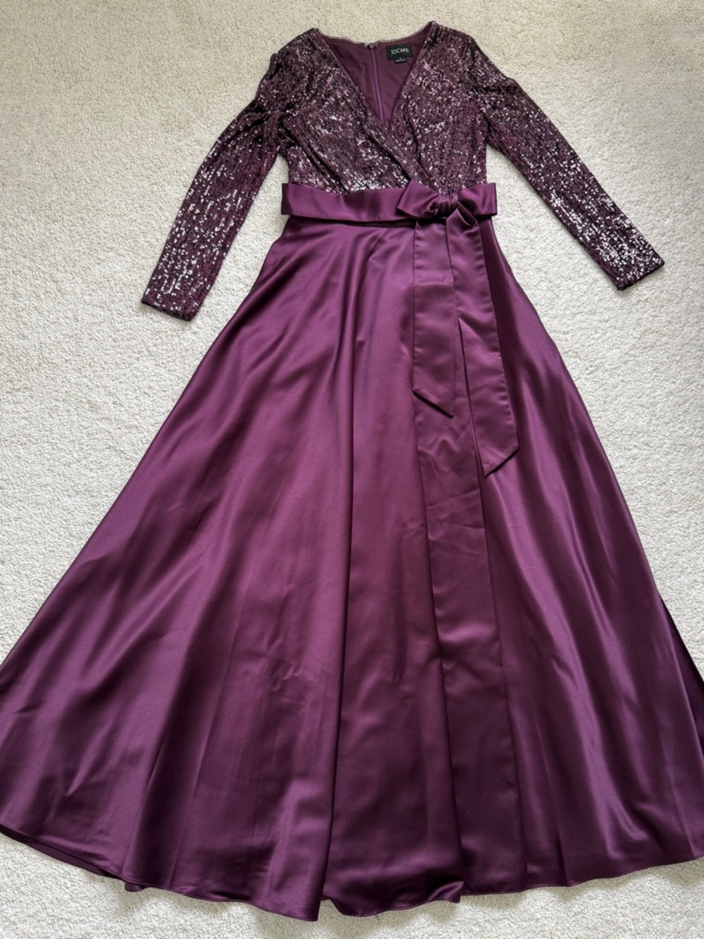 Xscape Plum Purple Sequin Satin Wrap Front-Slit Full A-Line Floor-Length Gown